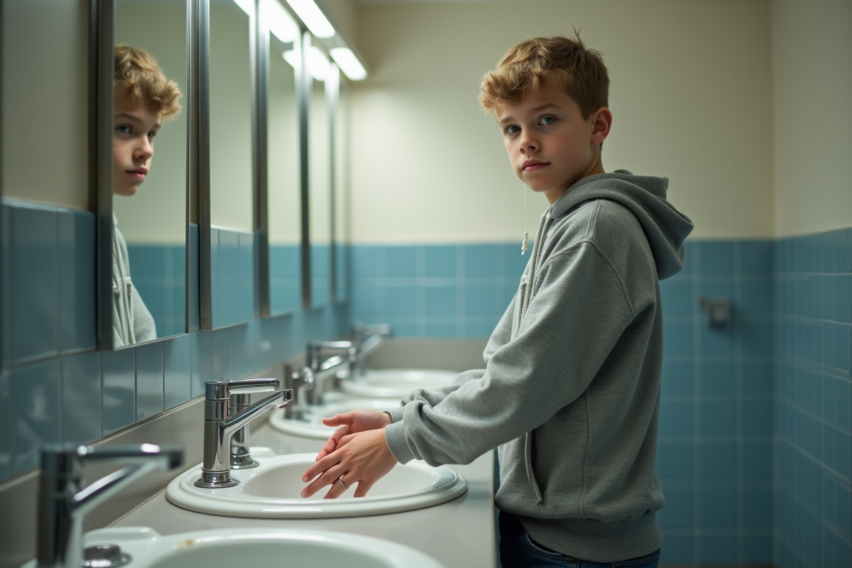 Adolescent lavant ses mains dans un lavabo de toilettes publiques
