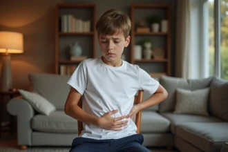 Adolescent tenant son côté douloureux à cause d'une douleur intercostale, assis dans un salon familial