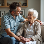 Aide à une personne agee dans un salon moderne