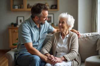 Aide à une personne agee dans un salon moderne