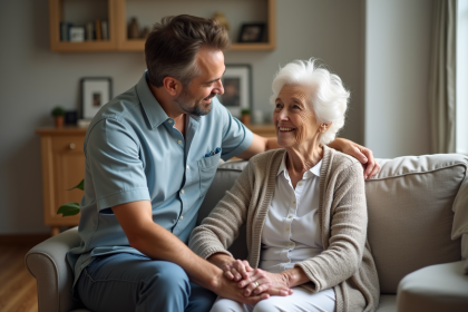 Aide à une personne agee dans un salon moderne