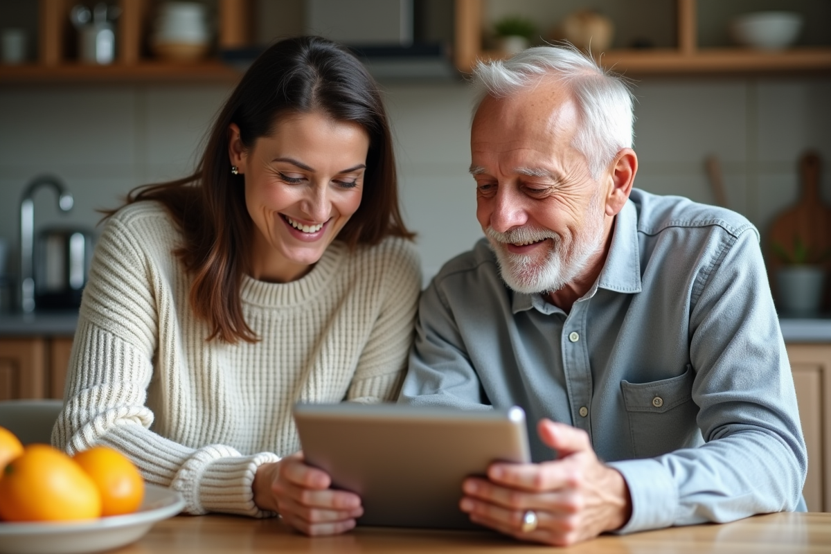 Aide-soignante aidant une personne agee avec un sourire
