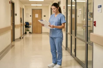 Aide soignante en blouse bleue consultant un dossier patient dans un couloir d'hôpital moderne au Luxembourg