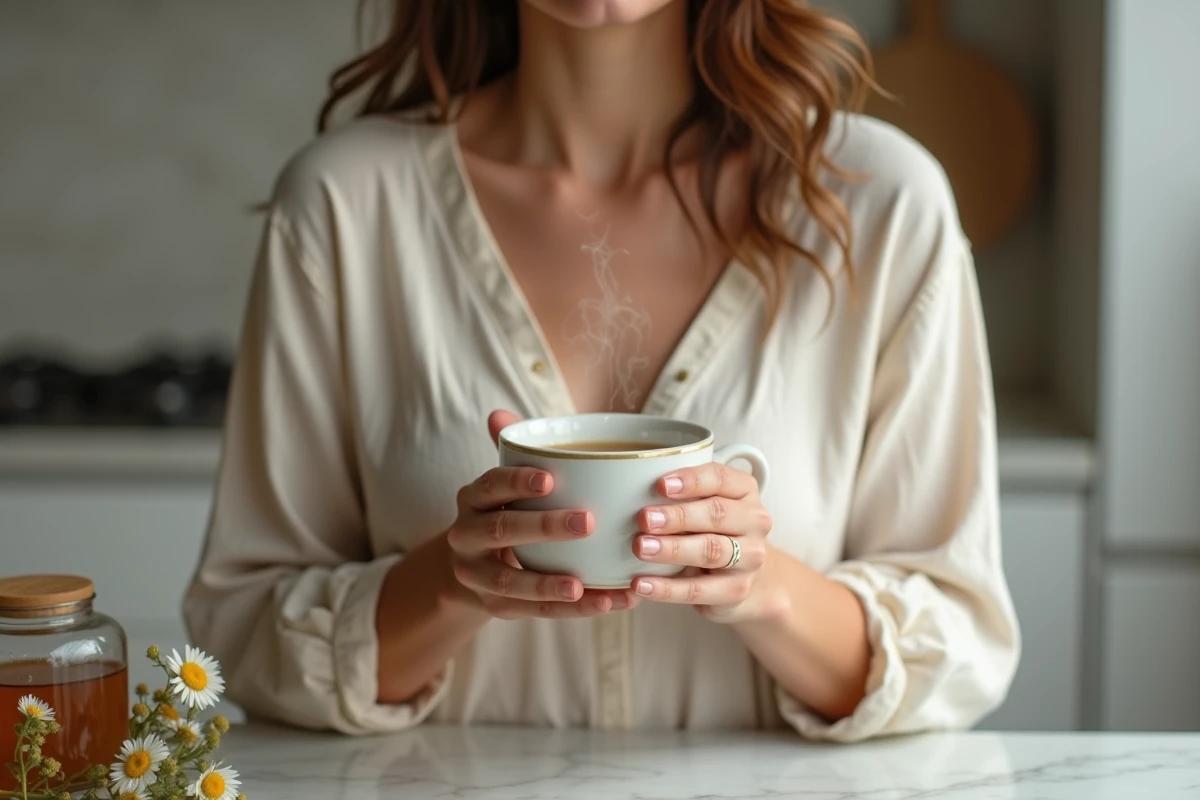 Femme tenant une tasse de tisane chaude pour apaiser l'irritation de la gorge après une quinte de toux