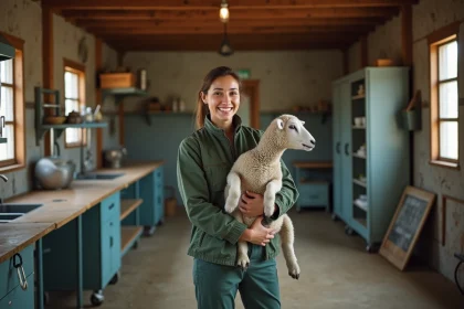 Assistante veterinaire souriante avec un mouton dans une clinique rurale