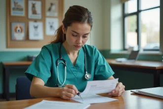 Assistante veterinaire en scrubs examine une fiche de paie