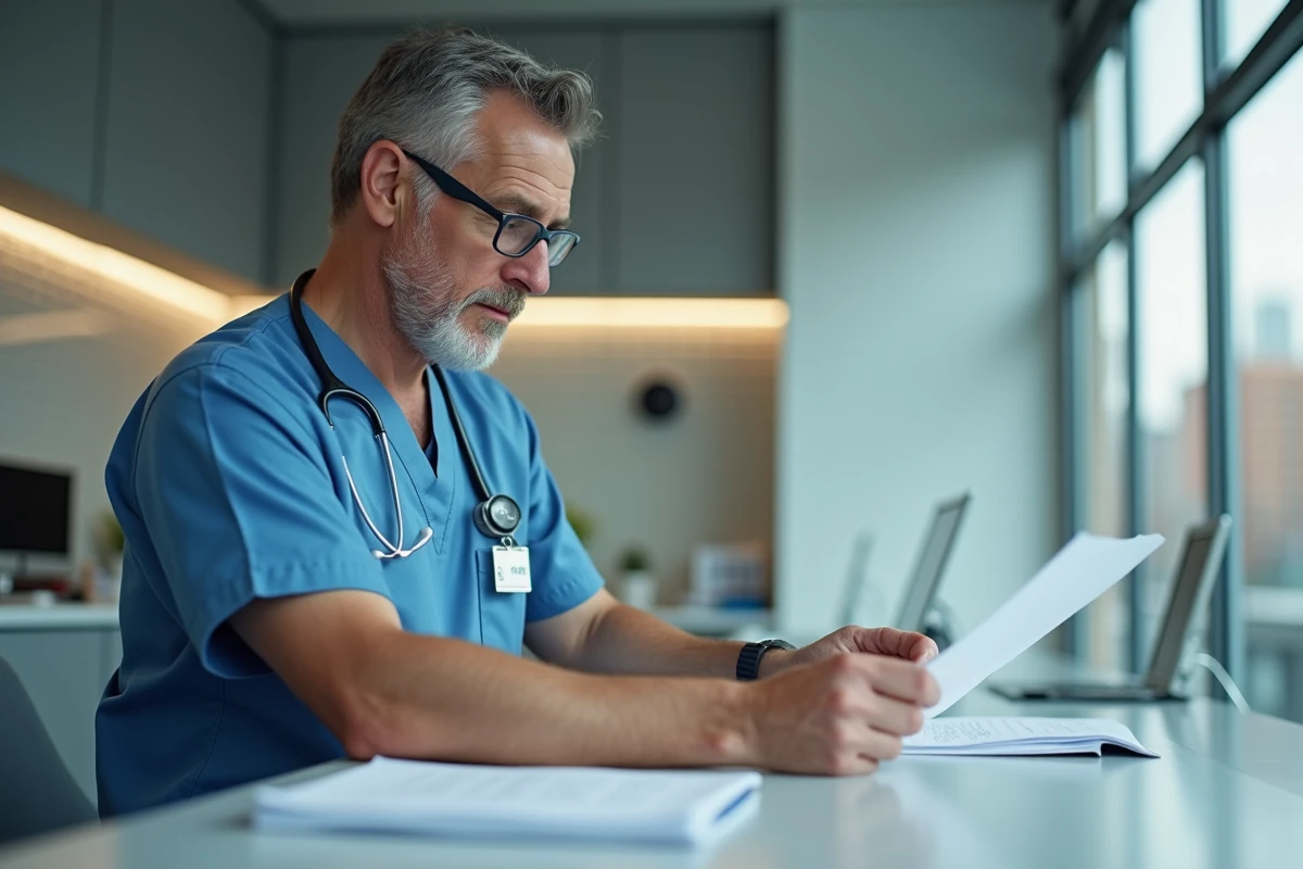 Assistante veterinaire en scrubs dans une clinique urbaine moderne