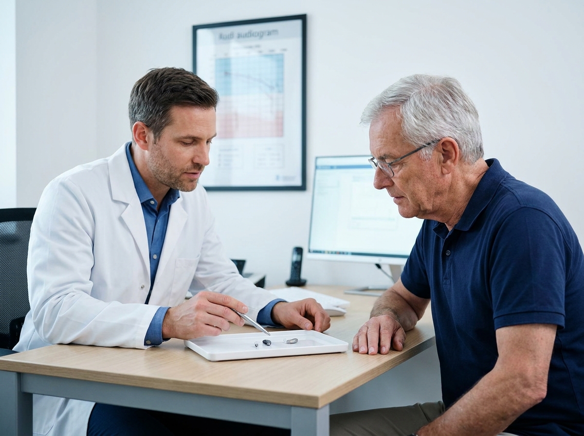 Audiologiste présentant deux appareils auditifs à un patient âgé lors d'une consultation, comparaison entre appareils auditifs de classe I et classe II