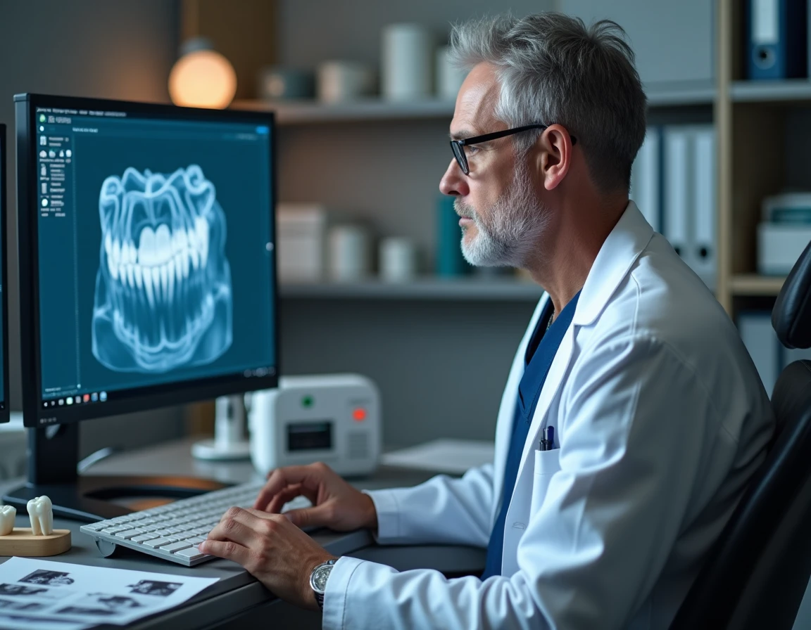 Bertrand Blatgé, chirurgien-dentiste, analysant une reconstruction 3D dentaire sur écran dans son cabinet