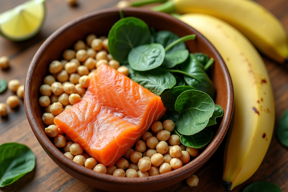 Bol rempli d aliments riches en vitamine B6 comme bananes et saumon
