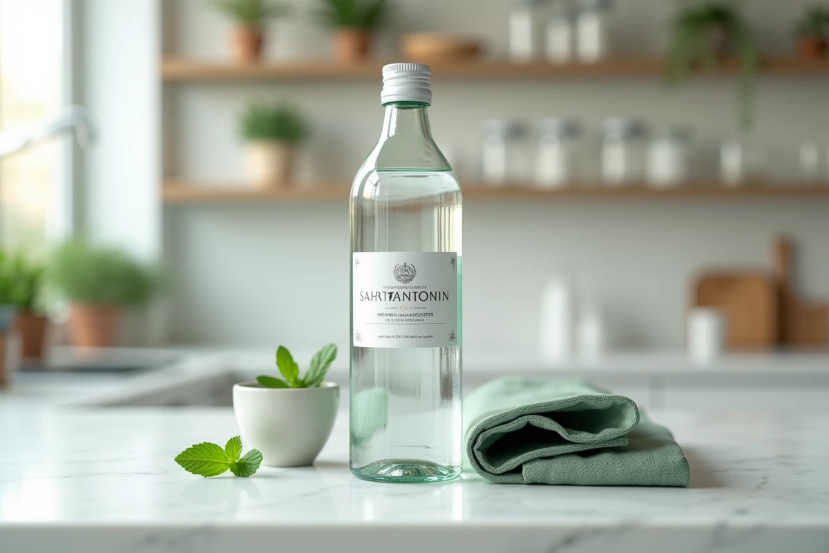 Bouteille d'eau minérale Saint Antonin sur un plan de travail en marbre blanc, associée à des éléments naturels pour un transit régulier