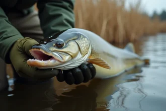 Prise en main d'un brochet par un pêcheur avec gants montrant des marques de dents visibles sur les doigts