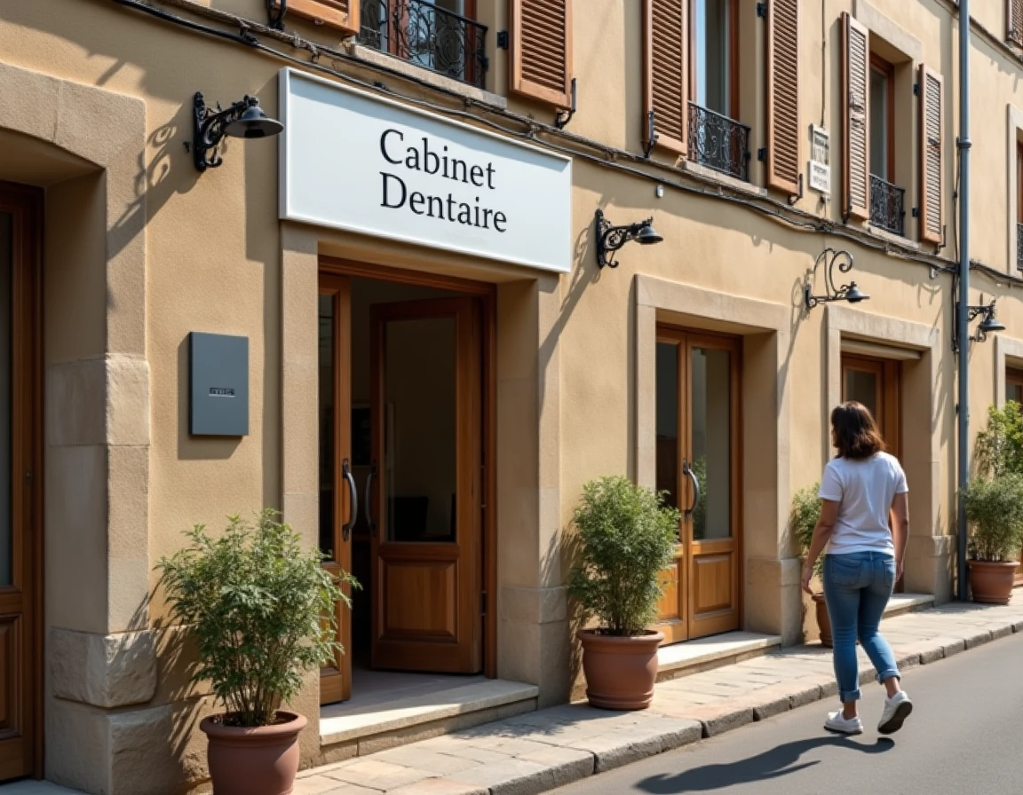 Façade du Cabinet Dentaire Sore dans une rue typique de la Dordogne avec plaque professionnelle