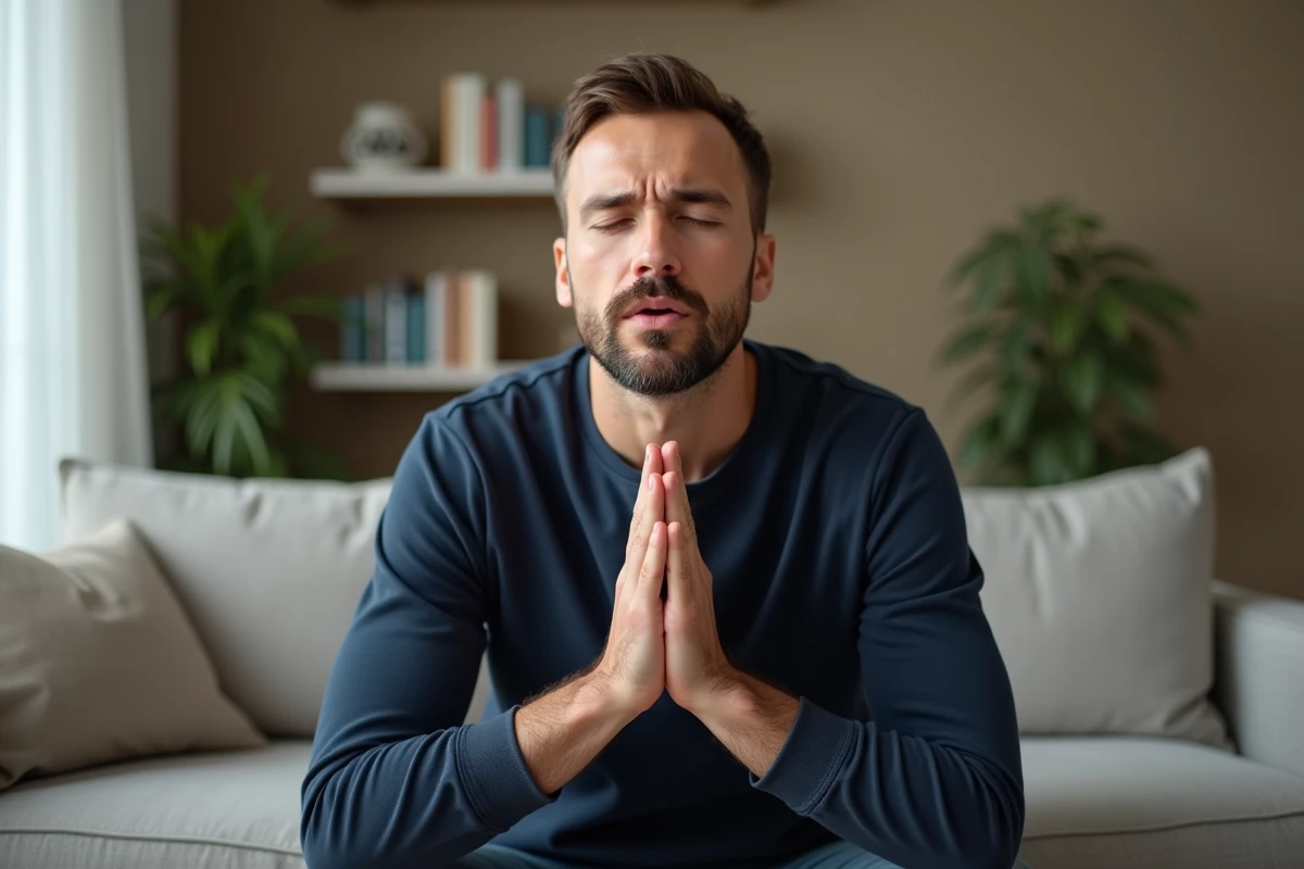 Homme adulte pratiquant une respiration contrôlée pour calmer immédiatement une crise de toux sur son canapé
