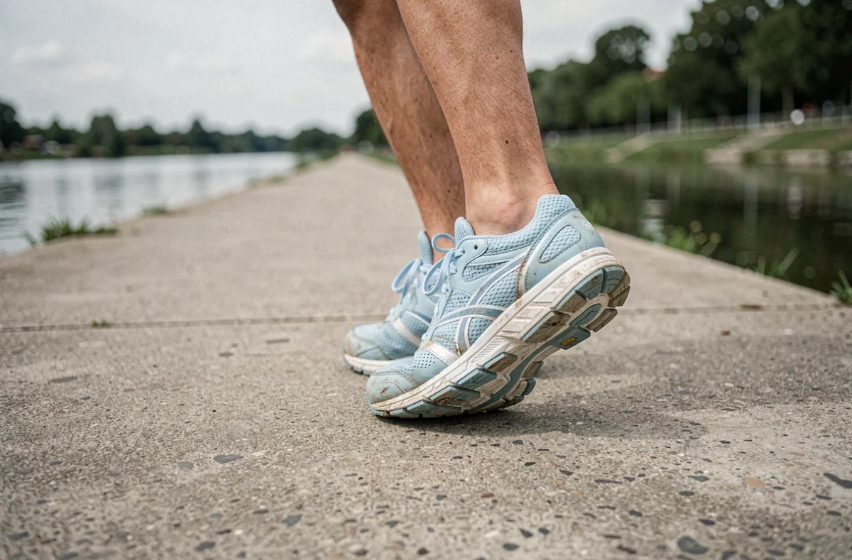 Chaussures de marche sportive sur terrain plat au bord de l'eau, illustrant la distance parcourue lors des 10000 pas quotidiens en kilomètres
