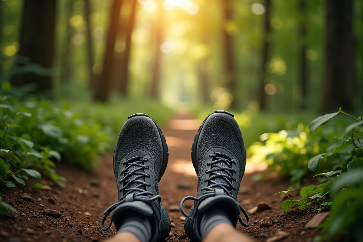Vue plongeante de chaussures de sport sur sentier forestier ensoleille