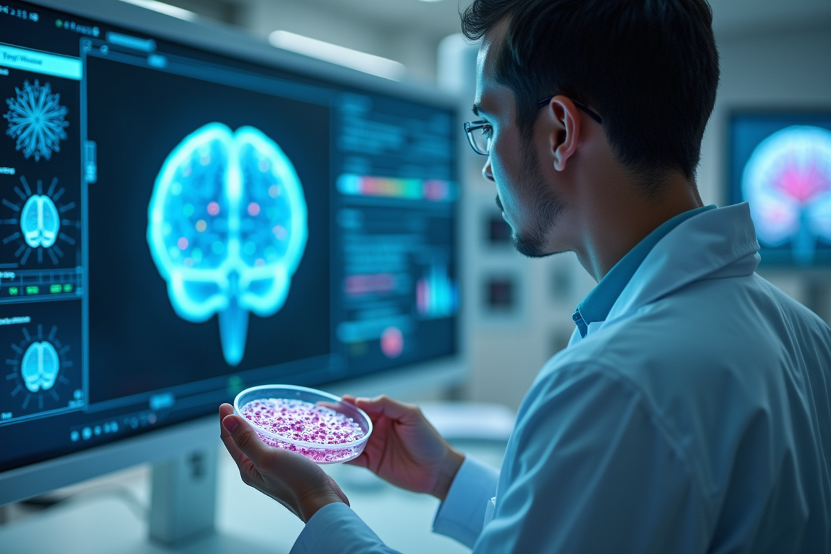 Chercheur en laboratoire tenant une boîte de cellules souches humaines