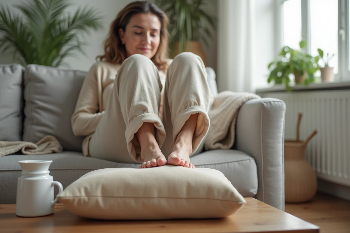 Femme assise sur un canapé avec les chevilles gonflées surélevées sur un coussin pour soulager l'œdème en fin de journée
