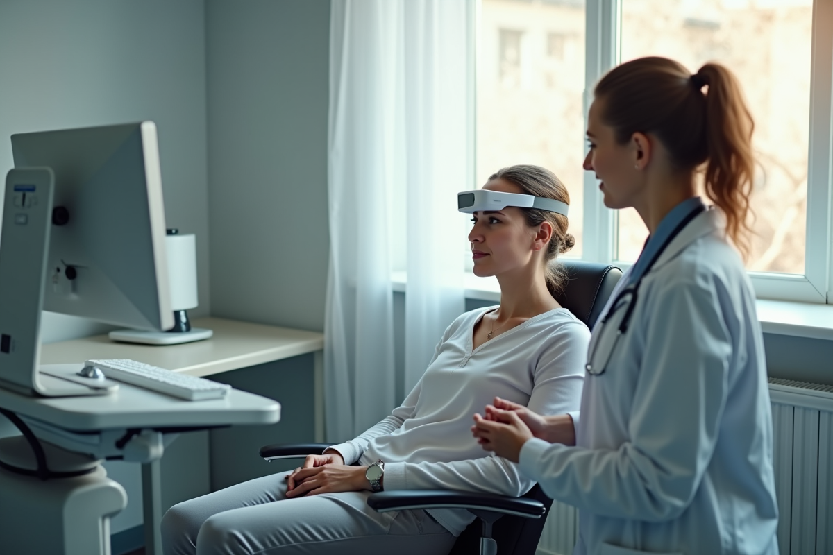 Salle de consultation moderne avec patient et docteur pour stimulation cérébrale