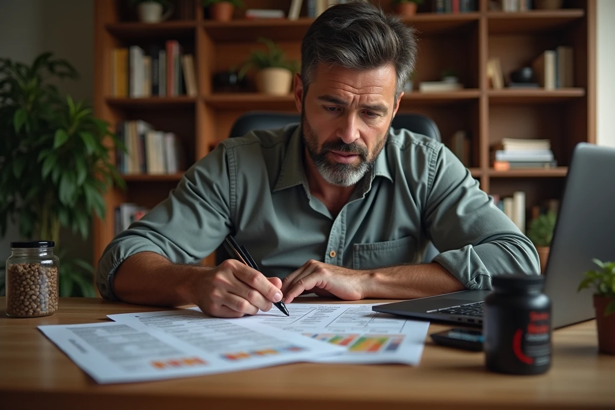 Coach sportif masculin comparant des suppléments brûleurs de graisse avec des graphiques d'effets secondaires sur son bureau