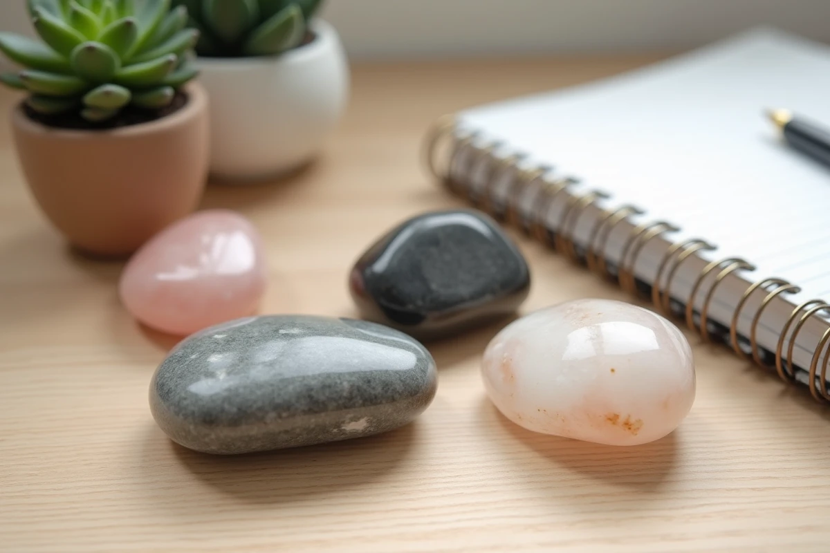 Trois pierres worry stone en quartz rose, basalte et jade posées sur un bureau en chêne clair avec un carnet et une plante succulente