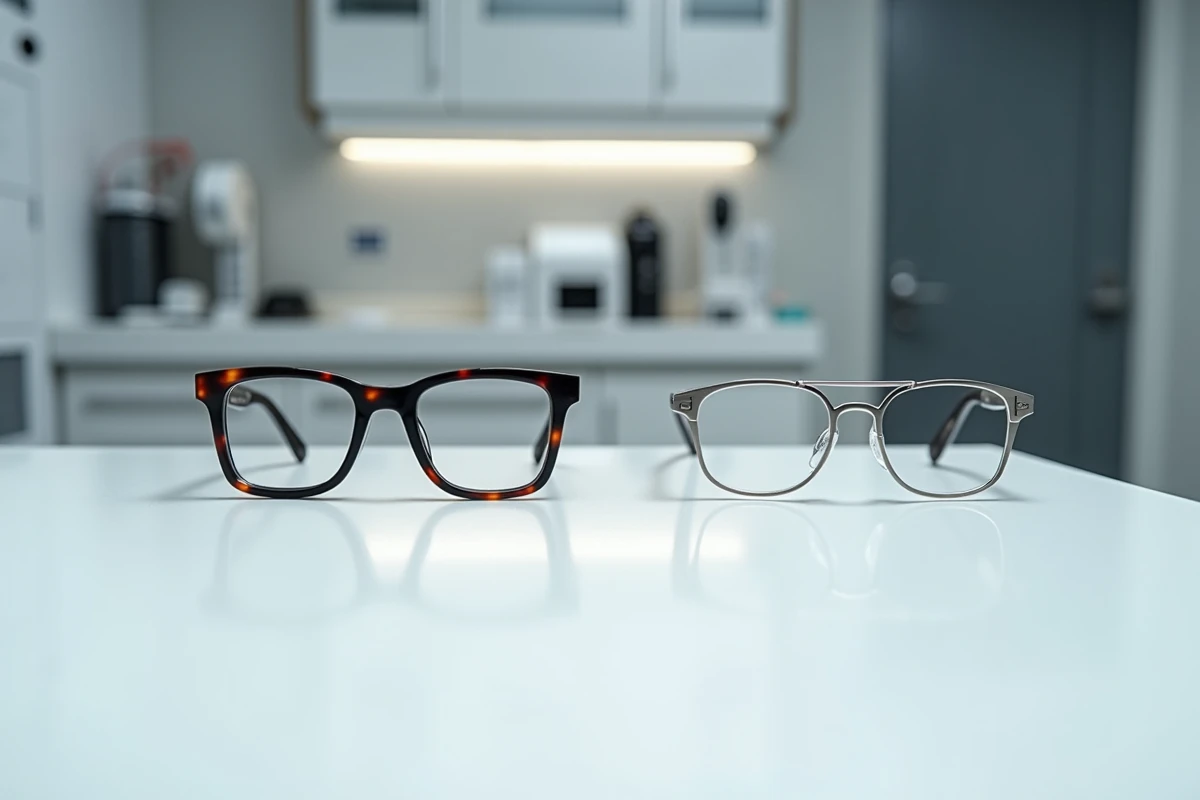 Comparaison côte à côte de deux paires de lunettes avec des épaisseurs de verres différentes sur un comptoir d'opticien
