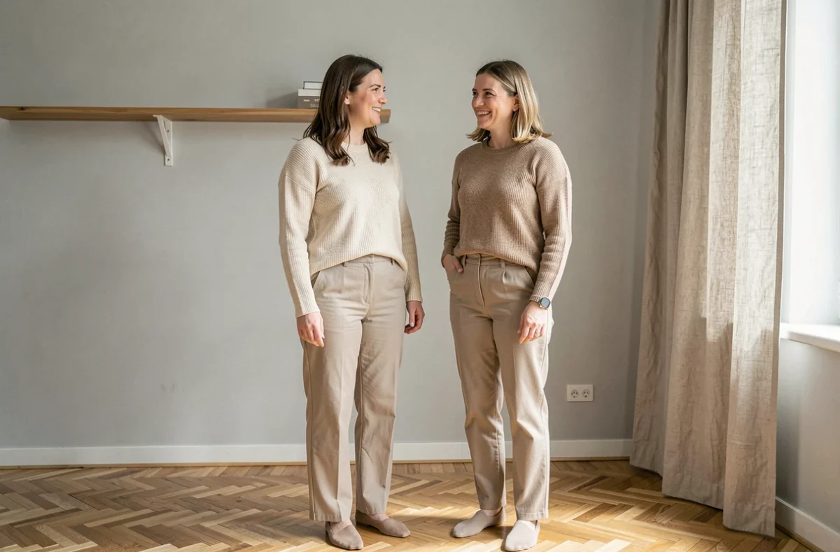 Deux femmes de tailles différentes comparant leurs silhouettes dans un appartement moderne, illustrant la diversité des tailles féminines en France