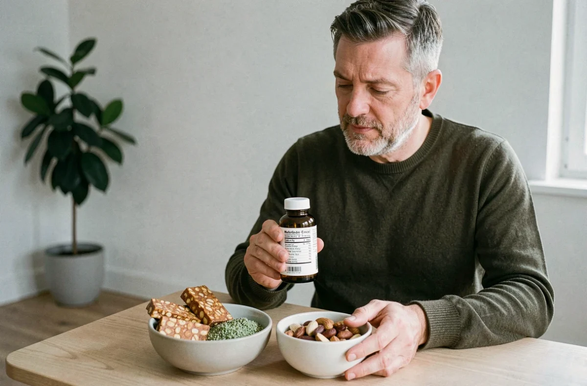 Homme lisant l'étiquette d'un complément alimentaire en zinc à côté d'une assiette de noix et de tempeh dans un appartement moderne