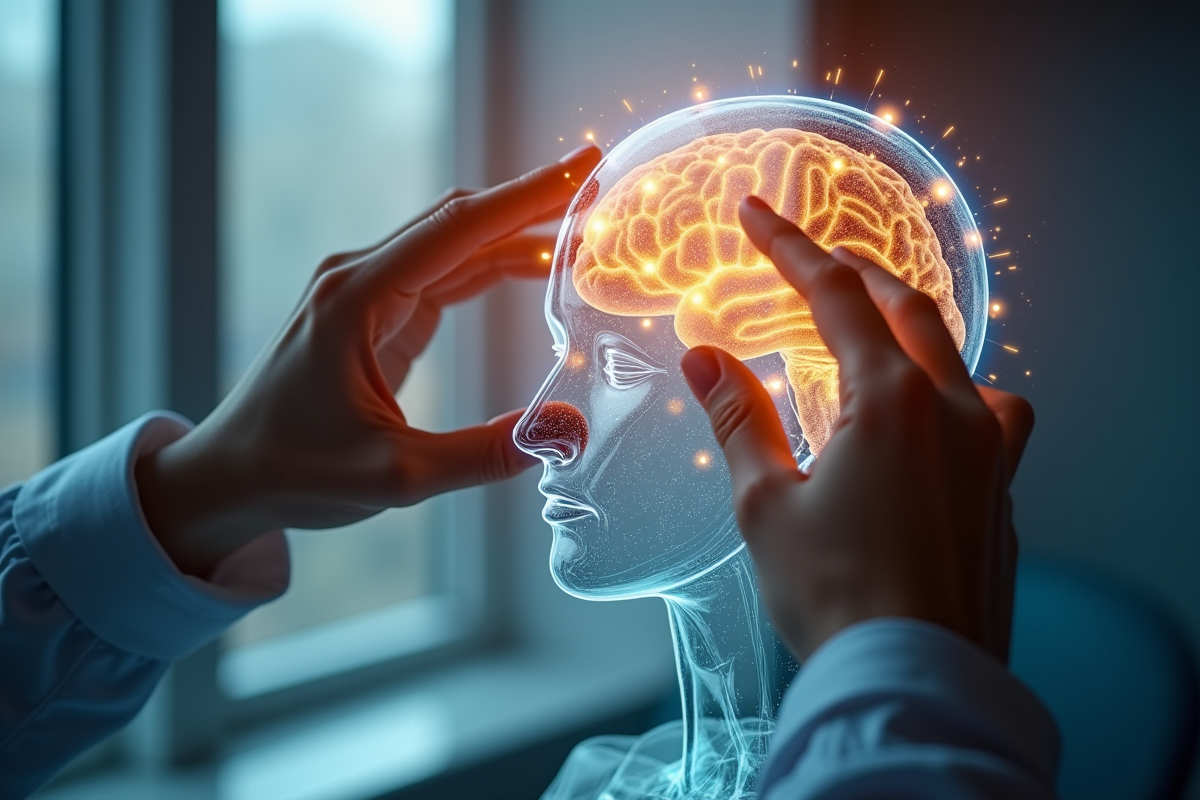 Mains connectant un réseau neural lumineux sur un modèle de tête humaine