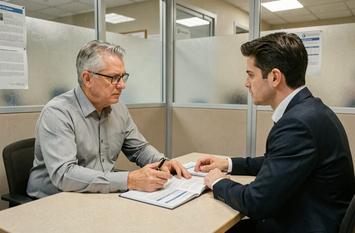 Homme consultant un conseiller Ameli pour contester un questionnaire risque professionnel défavorable