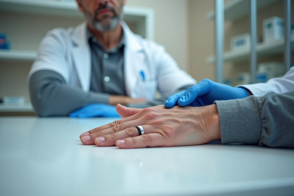 Dermatologue examinant une tache noire sous l'ongle d'un patient en consultation médicale
