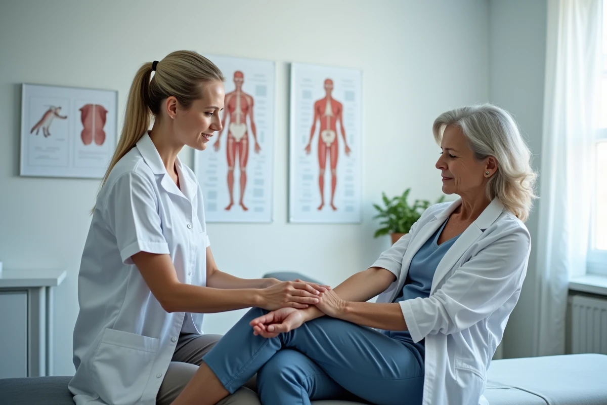 Femme consultant un kinésithérapeute pour des fourmillements dans les bras lors d'un bilan médical