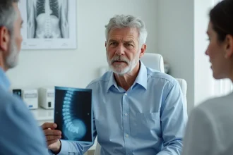 Homme âgé consultant un médecin avec des radiographies de la colonne vertébrale pour évaluation d'ostéophytose