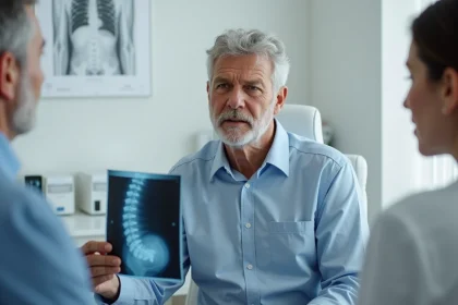 Homme âgé consultant un médecin avec des radiographies de la colonne vertébrale pour évaluation d'ostéophytose