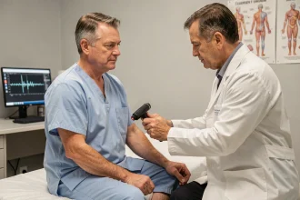 Patient masculin en consultation neurologique pour un muscle qui tressaute, examen au marteau réflexe