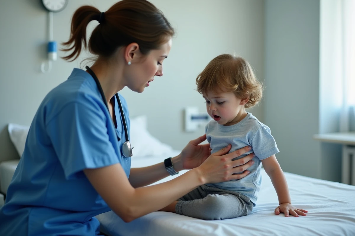 Infirmière pédiatrique examinant la zone intercostale d'un enfant lors d'une consultation médicale