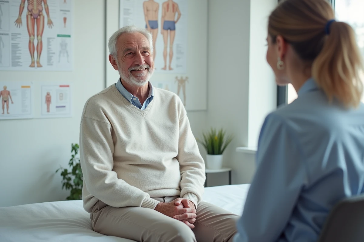 Senior homme en consultation avec un physiotherapeute