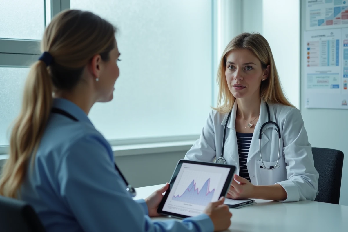 Patiente en consultation médicale recevant des explications sur ses résultats d'analyses hépatiques et le taux de transaminases lié à une hépatite