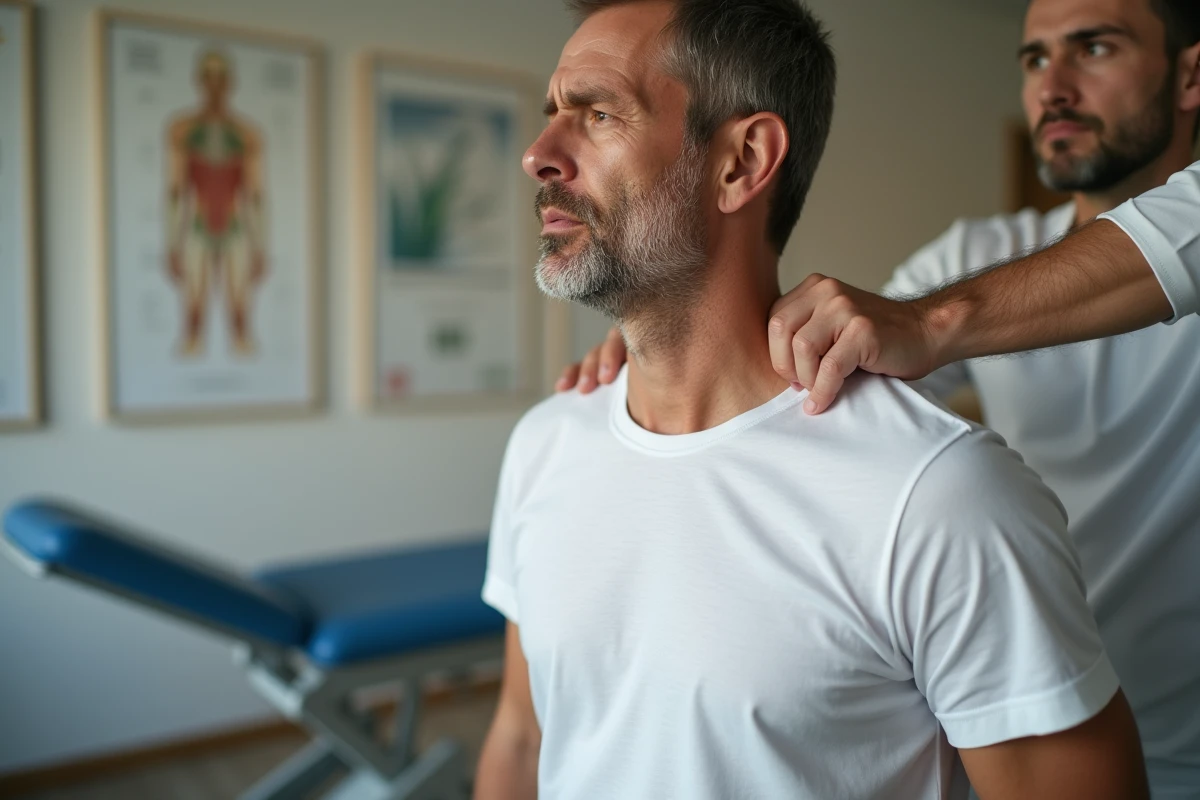 Patient chez un kinésithérapeute pour traiter un dos contracté, les mains du spécialiste palpant les muscles tendus