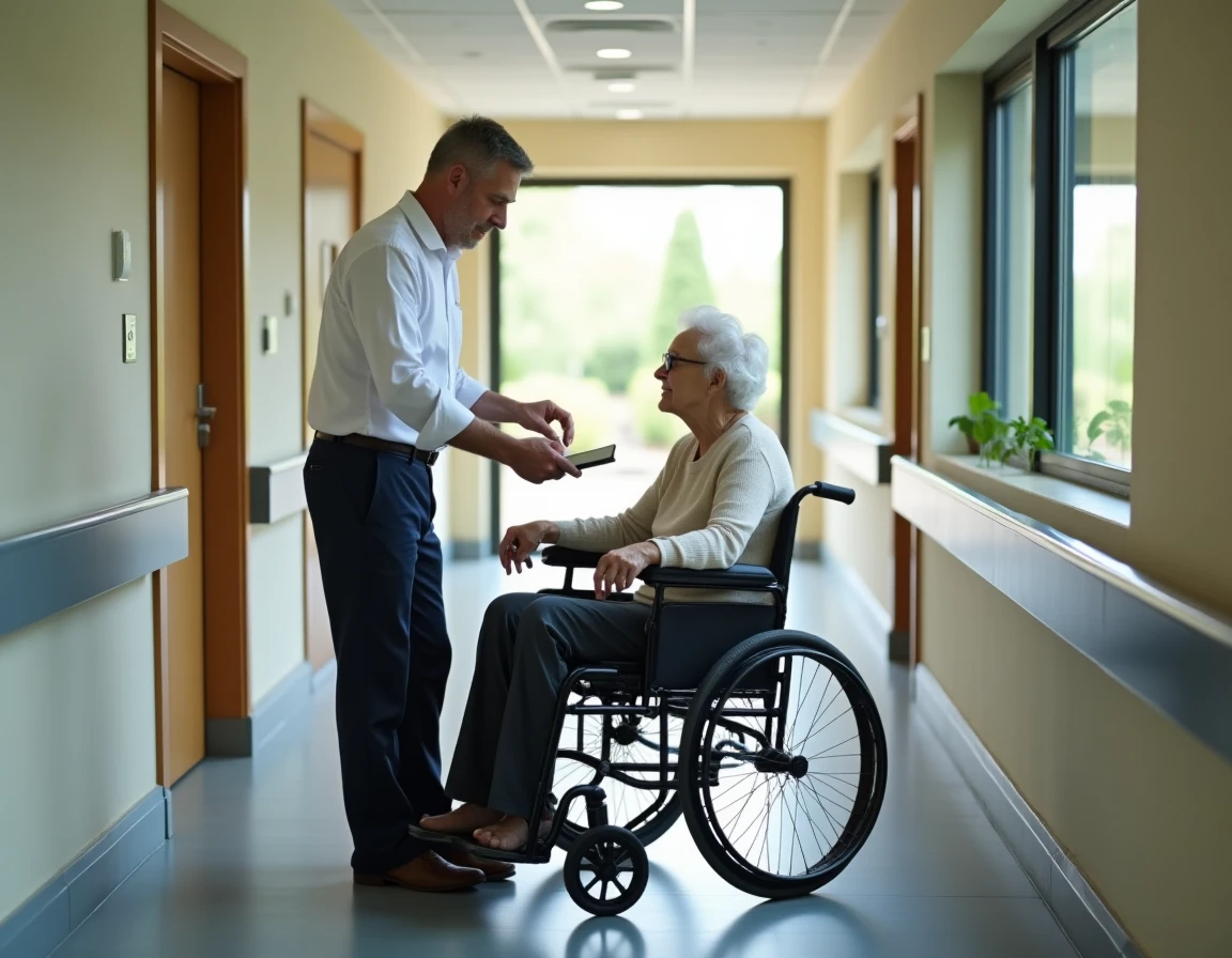 Coordinateur de soins présentant un plan de soin numérique à une résidente en fauteuil roulant dans un couloir d'EHPAD