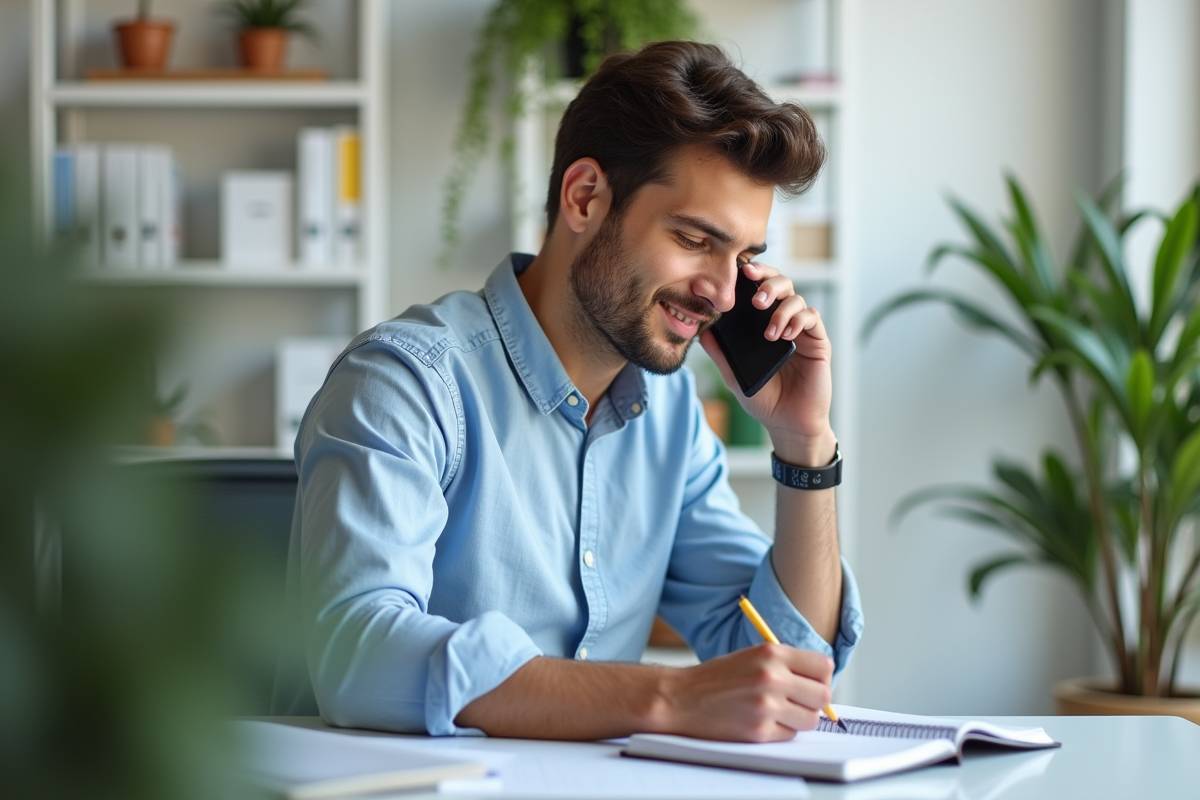 Jeune coordinateur Philia parlant au téléphone au bureau