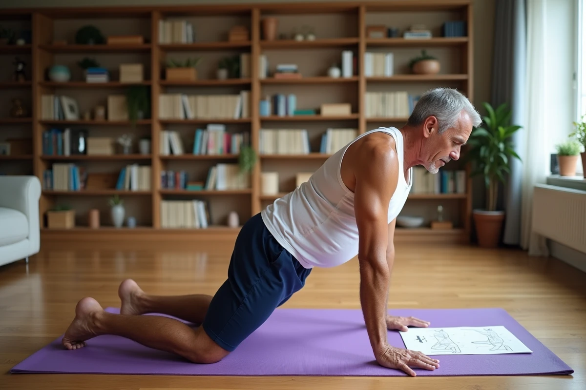 Homme consultant un tableau de corrections de postures yoga à côté de son tapis lors d'une séance à domicile