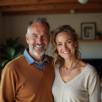 Couple souriant dans un salon chaleureux et intime