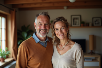 Couple souriant dans un salon chaleureux et intime