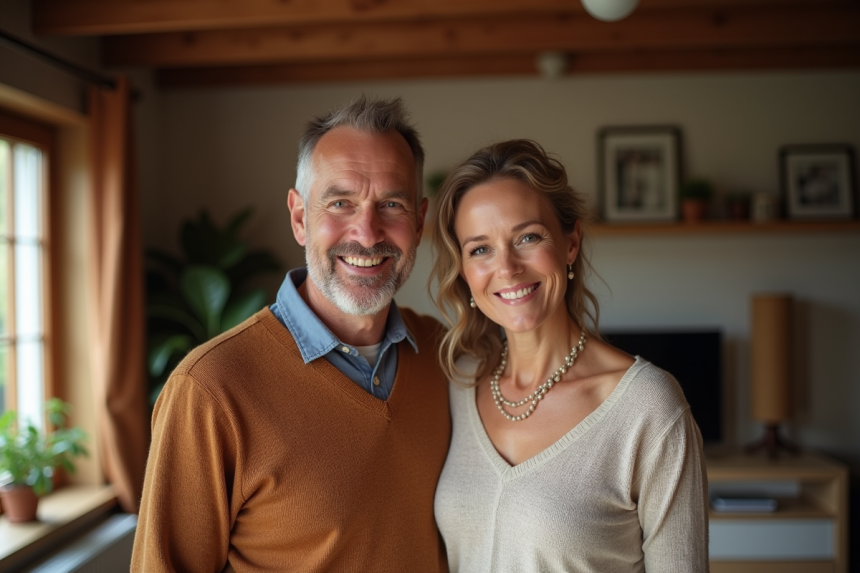 Couple souriant dans un salon chaleureux et intime