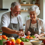 Couple senior préparant un repas sain dans une cuisine lumineuse