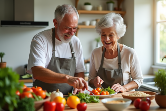 Couple senior préparant un repas sain dans une cuisine lumineuse