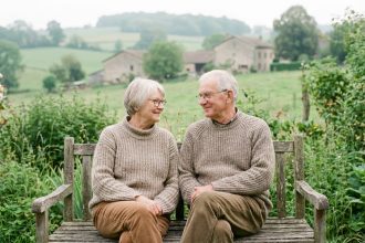 Couple de retraités dans un jardin paisible en Ain
