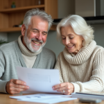 Couple retraité souriant discutant à la cuisine moderne
