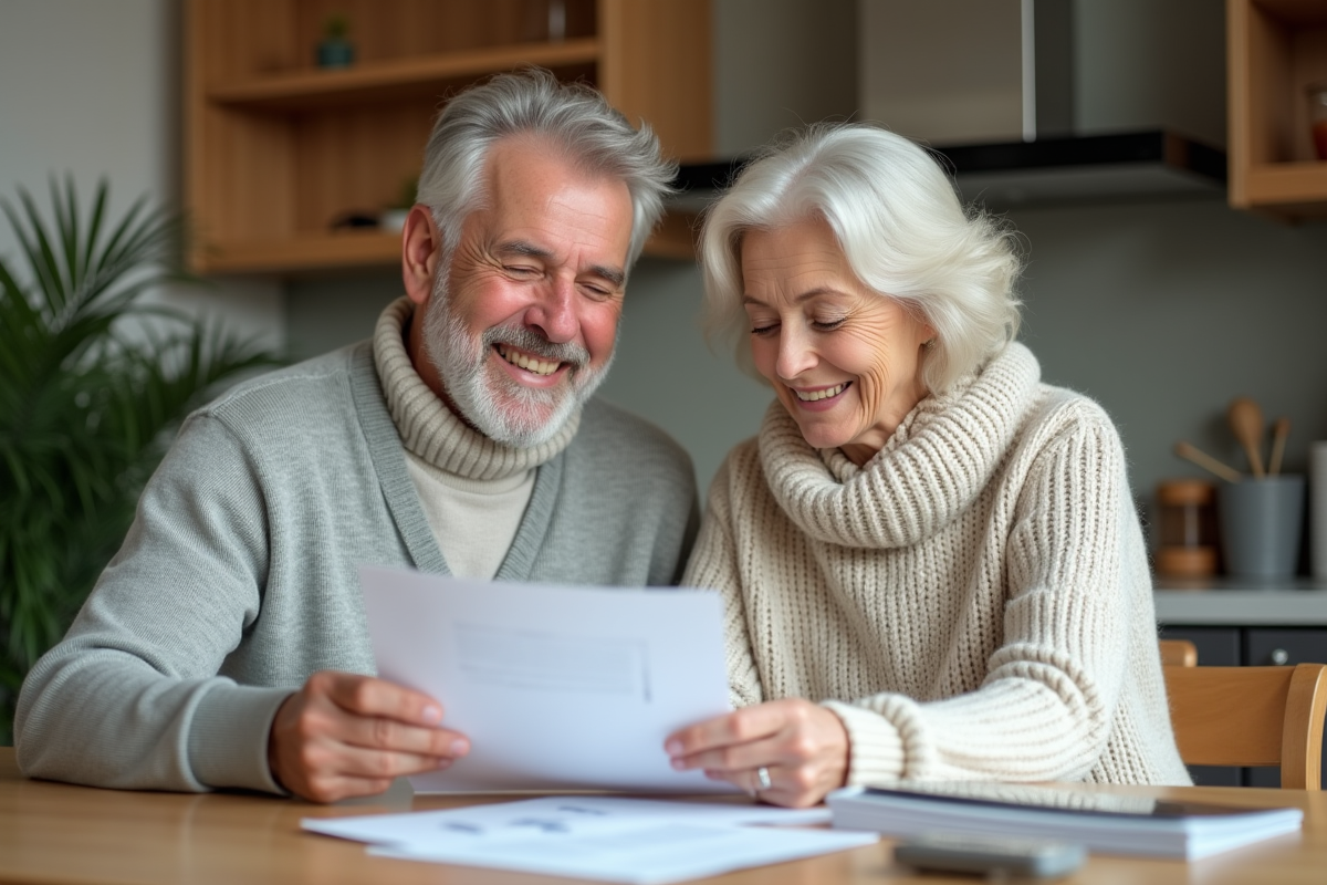 Couple retraité souriant discutant à la cuisine moderne